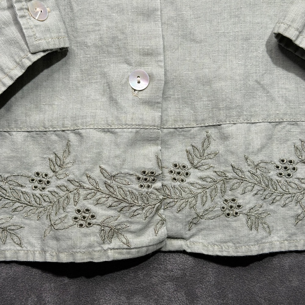Vtg Cherokee Shirt Womens XL Sage Green Linen Cotton Blend Embroidered Button Up - Picture 4 of 7